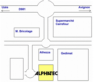 D'Uzs sur la D981, tournez  droite au rond-point aprs l'usine Haribo  l'entre de la zone commerciale, puis prenez  droite au prochain rond-point.
Continuez en direction de la carrosserie et vous trouverez le batiment ALPHATEC en face.